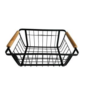 CESTO METAL CON ASA DE MADERA 28.5x21.5x12CM NEGRO