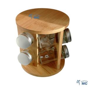 ESPECIERO GIRATORIO EN MADERA 6 FRASCOS VIDRIO 15.5X14.4cm