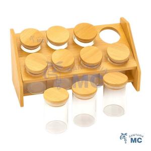ESPECIERO X8 FRASCOS CONDIMENTERO VIDRIO Y BAMBÚ