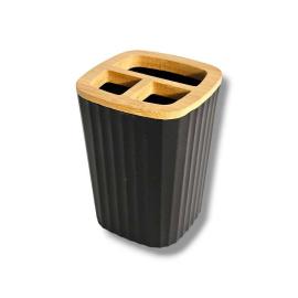 PORTA CEPILLOS PLASTICO NEGRO/MADERA 8X8X10CM BAÑO